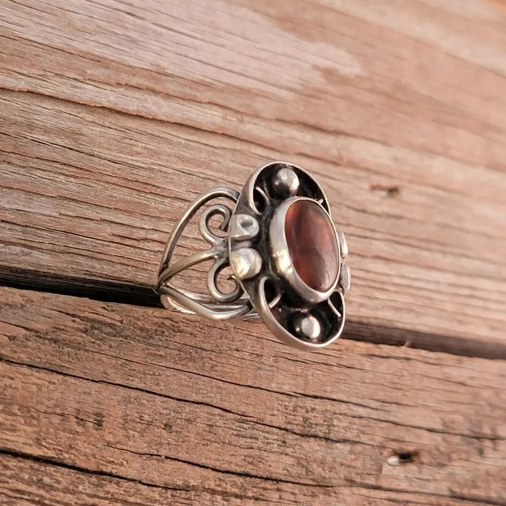 Vintage Sterling Genuine Amber Bali Boho Artisan Beaded Ring - Picture 7 of 11